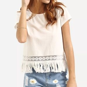 White Short Sleeve Hollow Fringe Shirt